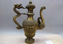 12" China brass copper carved buddha head and dragon wine pot Flagon Statue 2024 - buy cheap