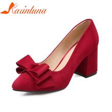 KARINLUNA New women's Flock Med Square Heels Pointed Toe butterfly-knot Solid Shoes Woman Casual Party Pumps Big Size 33-43 2024 - buy cheap