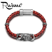 RUIMO-pulsera de calavera de cuero auténtico, pulsera de acero inoxidable con diseño de serpiente, joyería Punk, accesorios de joyería 2024 - compra barato