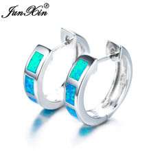 JUNXIN Women Blue Round Fire Opal Earring Silver Color Hoop Earrings For Women Fashion Jewelry Double Earrings 2024 - buy cheap