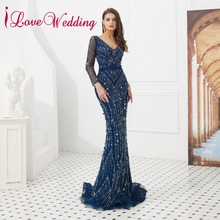 Iloveboda-vestido de lujo azul marino de mangas largas, vestido Formal Sexy con escote en V y cuentas de cristal, vestidos largos elegantes de noche 2024 - compra barato