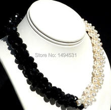 Wholesale Pearl Jewelry - 3 Rows Black Crystal Beads White Natural Freshwater Pearl Necklace - Handmade Jewelry - Free Shipping 2024 - buy cheap