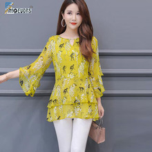 Women Chiffon Blouse Shirts Flare Sleeve Elegant Office Lady Ruffled Yellow Chiffon Floral Print Peplum Tunic Top Blouse m815 2024 - buy cheap