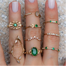 Conjunto de anéis de opala com juntas femininos, 9 verdes de cristal, coroa, flor, coração, estrela, opala, anéis de festa, boho, joias, anel de dedo dourado 2024 - compre barato