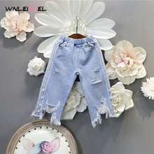 Wlg-jeans para meninas e crianças, roupas para crianças de 2 a 6 anos, rasgadas e com renda, estilo casual 2024 - compre barato