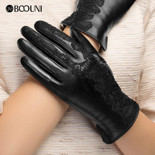 BOOUNI-guantes de piel auténtica para mujer, moda negra gruesa, terciopelo, bordado de encaje, piel de oveja, guante de conducción de invierno, NW079 2024 - compra barato