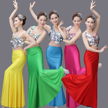 Костюм китайского народного танца Женский, костюмы таиландского павлина, Национальный танцевальный костюм с юбкой рыбий хвост с блестками 2024 - купить недорого
