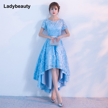 Ladybeauty 2020 Sky Blue Evening Dresses Short Front Long Back Party Gowns Lace Lace petals O-Neck vestidos de festa Formal 2024 - buy cheap