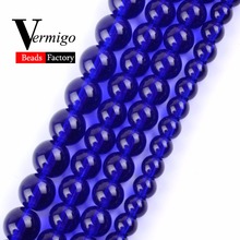 Smooth Dark Blue Glass Czech Beads Natural Stone Round Loose Beads For Jewelry Making 4mm-12mm Pick Size Handmade Bracelet 15" 2024 - buy cheap
