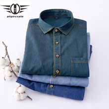 Plyesxale men denim camisa magro de manga comprida algodão camisa casual clássico dos homens vestido jeans camisas primavera outono chemise homme t4 2024 - compre barato