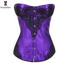 Renda apliques espartilho cetim overbust gótico korset peixe desossado mulher bustier korse roxo prata vermelho verde gorset roupas sexy 2024 - compre barato