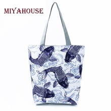Miyahouse Wholesale Fish Print Shoulder Bags For Female Casual Canvas Tote Handbag Chinese Traditional Painting Beach Bag 2024 - buy cheap