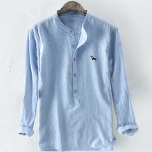 Camisas de manga longa com gola mandarin, camisas de linho tradicionais chinesas casuais, de marca, roupas fashion de verão, azul e branco 2024 - compre barato