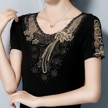 M-4XL Women's T-Shirt Fashion Short Sleeve Summer Tops Elegant Slim Embroidered Blusas Diamond Lady Tees Elasticity Camisetas 2024 - buy cheap