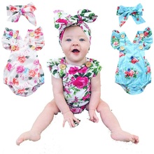 Tiara frente única para bebês meninas, conjunto de roupas florais para recém-nascidos, macacão de algodão infantil, roupas com laço para garotas 2024 - compre barato