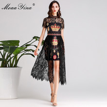 MoaaYina Fashion Designer Runway dress Spring Summer Women Dress Diamond Stand collar Lace Short sleeve Black Vintage Dresses 2024 - buy cheap