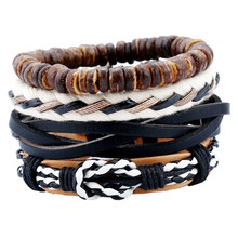 Conjunto de 4 unids/set de pulseras de piel Estilo Vintage, brazaletes de piel de coco con nudo, cuentas de múltiples capas, color blanco y negro, estilo bohemio, Punk, Unisex 2024 - compra barato