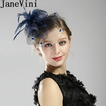 JaneVini Western Boda Bridal Wedding Hat Women Fascinator Penny Mesh Hat with Hair Pin Feathers Face Veil for Women Accessories 2024 - buy cheap