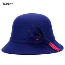 2015 NEW Winter Fedora Hats For Women Vintage Wool Felt Bowler Wide Brim Fashion Women Girls Sun Caps Floral Bucket Hat 2024 - buy cheap