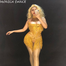 Женский сексуальный костюм для танцев с золотыми бахромой, женский купальник с кисточками на день рождения, модный стрейчевый костюм 2024 - купить недорого