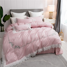 Juego de ropa de cama de encaje, funda nórdica y fundas de almohada de Estilo Princesa, ropa de cama de algodón egipcio, Queen y King Size, color rosa y azul, 4/7 Uds. 2024 - compra barato