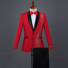 Terno masculino vermelho azul, preto e branco, cristais, smoking, traje para homens adultos, cantor, receptor de palco, roupa para performance de coro, fantasia de festa de casamento 2024 - compre barato