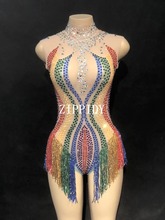 Colorful Rainbow Tassel Mesh Leotard Rhinestones Perspective Fringes Bodysuit Stage Outfit Wear Women Performance Dance Costume 2024 - buy cheap