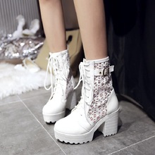 Spring and autumn custom waterproof platform high heel boots with stylish white openwork lace Martin boots large size. 2024 - buy cheap