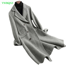 Женское длинное шерстяное пальто, элегантное двубортное теплое пальто с бархатной подкладкой, весна-осень, A58 2024 - купить недорого