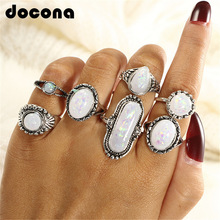Кольцо Docona в богемном стиле, серебряное кольцо, геометрические опалы, кольцо из сплава с цветком, резьба, кольцо миди, Anillos, ювелирное изделие, 5887 2024 - купить недорого