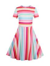 2019 Women Summer Rainbow Dress Female Spring Multi-Color Short Sleeve Dresses Knee-Length O Neck Dresses Girls Dress 2024 - buy cheap