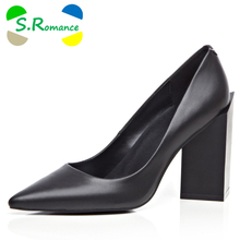 S.Romance Women Pumps Genuine Leather Fashion Elegant Pointed Toe Slip-On Square Heels Hot Sell Woman Shoes Black White SH323 2024 - buy cheap