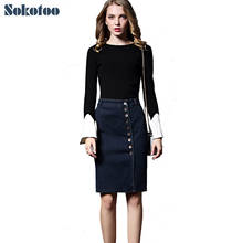 Sokotoo Women's plus large size knee length denim pencil skirt OL lady buttons hip-hugger slit skirt 2024 - buy cheap