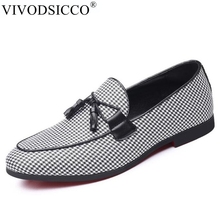VIVODSICCO Fashion Luxury Black White Grids Canvas Loafers Shining Formal Dress Shoes Big Size Tassel Mens Wedding Party Shoes 2024 - buy cheap