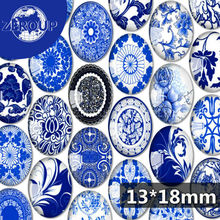 Zeroup-cabochão de vidro oval, 13x18mm, azul e branco, porcelana, quadros, padrão misto, configuração de base para joias, costas lisas, 50 peças 2024 - compre barato