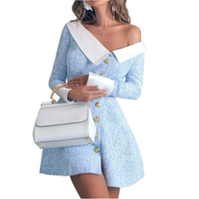 Vestido feminino de manga comprida, vestido sexy azul com botão, decote slash para escritório, mini vestido de linha a 2024 - compre barato