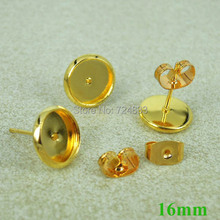 16mm Golden tone Plated Blank Earrings Bases Round Bezel Stud Pin Earrings Post w/ Stopper Earring Settings Findings Wholesale 2024 - buy cheap