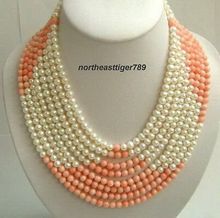 Gran oferta envío gratis> 8 filas perla blanca de Coral Rosa Real 18KWGP collar de cierre 2024 - compra barato