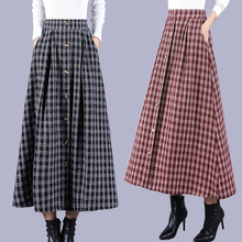 Autumn Winter Plaid Long Skirts Womens Elegant Women Skirts Maxi Skirt Swing Elastic High Waist Button Wool Office Jupe Longue 2024 - buy cheap