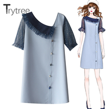 Trytree Summer Women Dress Casual Asymmetry Ruffled collar Patchwork Dot Puff sleeve Dress Acrylic Button Blue A-Line Mini Dress 2024 - buy cheap