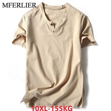 summer plus size 8XL 9XL 10XL men cotton linen t-shirt home wear short sleeve loose vintage tees V-neck big sales tShirt cheap 2024 - buy cheap