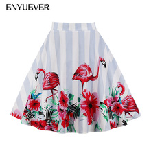 Enyuever Flamingo Skirts Jupe Women Floral Print Vintage Retro Cotton Pleated Skater Skirt Falda Plus Size High Waist Midi Skirt 2024 - buy cheap