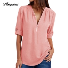 Adisputent Women's Chiffon Blouses Zipper V-Neck Short Sleeve Shirts Casual Tops Loose Plus Size Office Blusas Mujer Camisa 2019 2024 - buy cheap