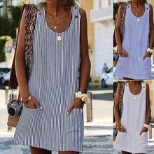Plus Size Women Boho Stripe Short Mini Dress Party Evening Summer Beach Holiday Pocket Sleeveless Loose Casual Dress Sundress 2024 - buy cheap