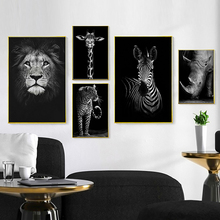 Pintura nórdica en lienzo para decoración del hogar, póster artístico de pared con estampado de Animal, jirafa, elefante, cebra y León, color blanco y negro, para sala de estar 2024 - compra barato