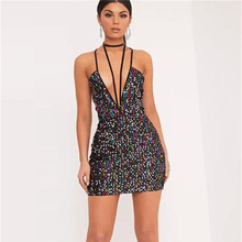 New Design Summer Women Sequined Dress Brilliant Spaghetti Strap Halter Dress Deep V-Neck Mini Bodycon club Party Vestidos 2024 - buy cheap
