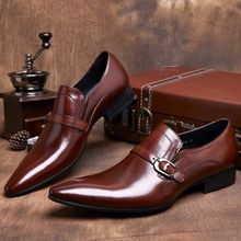 Sapatos de couro genuíno masculinos com fivela, bico fino, estilo britânico, marrom, formal, calçados, novo, 2018 2024 - compre barato