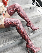 Red Faux Snakeskin Pointed Toe Ovet The Knee Fit Lady Boots High Quality PU Python Thin High Heel Boots Sexy Lady Long Boots 2024 - buy cheap