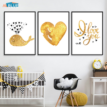 Gold Heart Whale Nordic Cartoon Baby Canvas Painting Nursery Wall Art Kids Poster Prints Love Quote Wall Picture Kids Room Decor 2024 - buy cheap