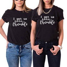 Женская хлопковая футболка с короткими рукавами и круглым вырезом I Get Us Into Trouble Sister 2024 - купить недорого